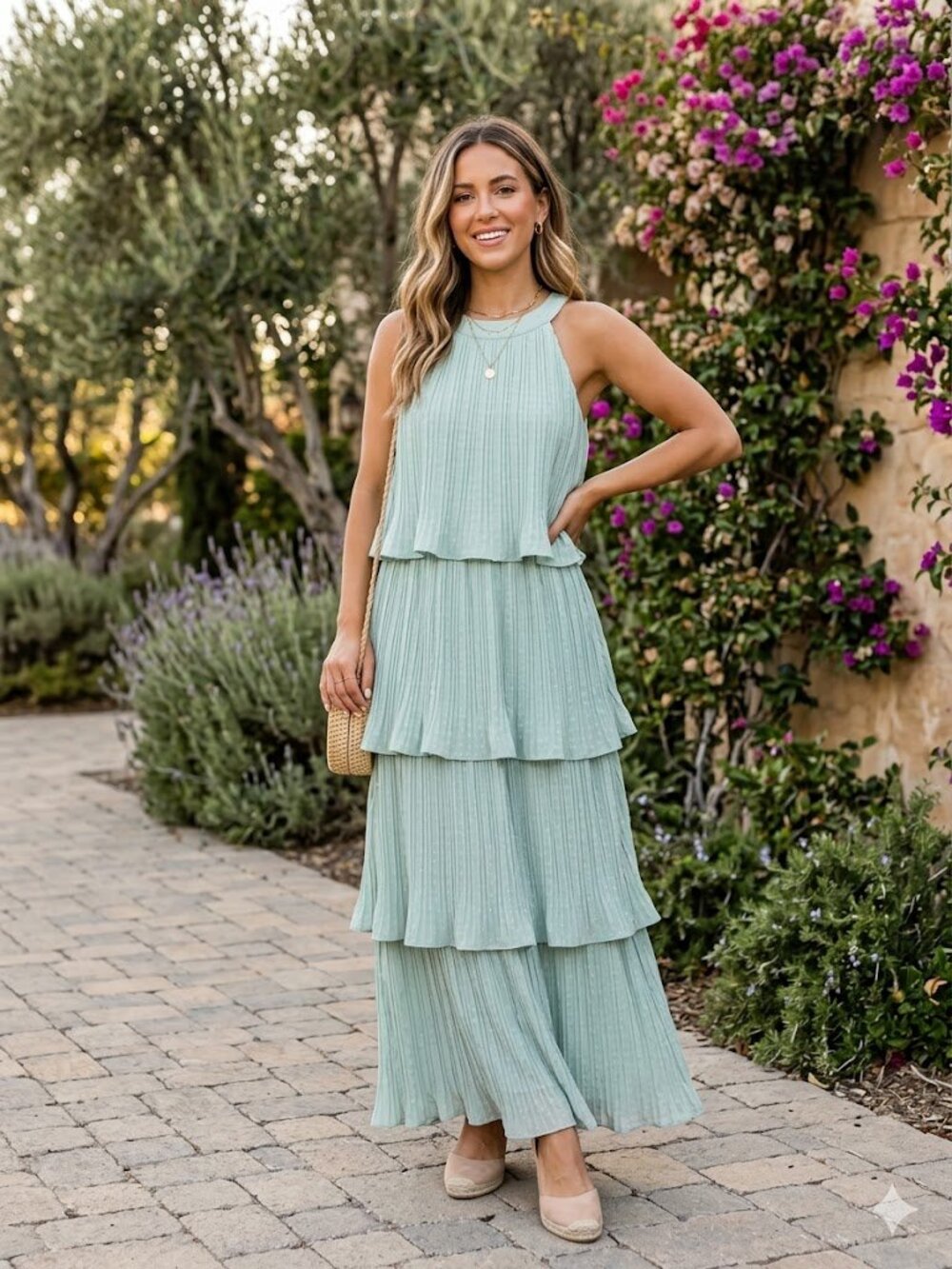 Arose Studio Lauren Halter Neck Pleated Swiss Dot Tiered Midi Dress Sage $198 OS
